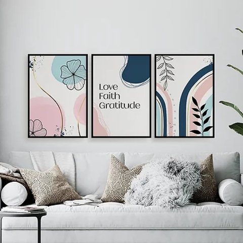 Kit 3 Quadros Love Faith Gratitude 33x24cm - com vidro:Madeira preta