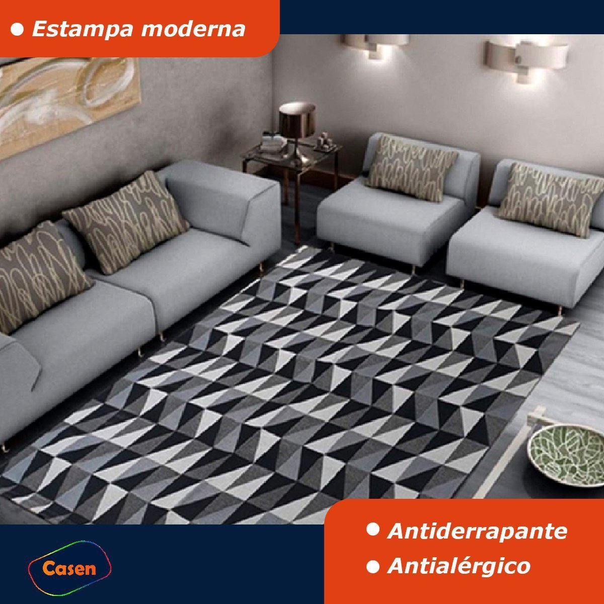 Tapete Geometrico 1,35m x 1,00m Casen Antiderrapante Cor: Preto_Dallas - 3