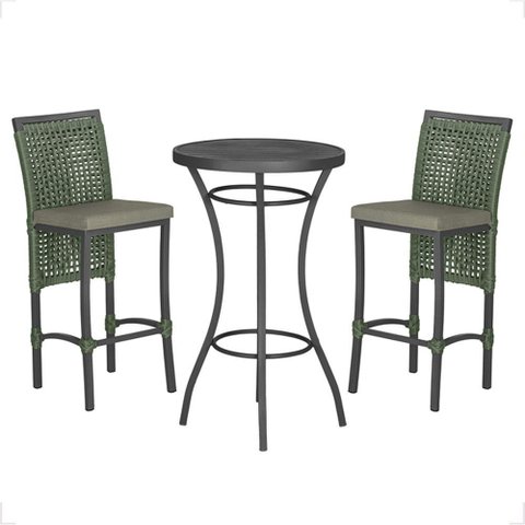 Mesa Bistrô e 2 Banquetas Roma Preta Corda Náutica Estofado 8 Trama Original