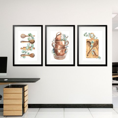Kit 3 Quadros Grandes Cozinha de Vó 60x48cm:moldura Branca