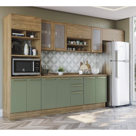 Armário de Cozinha Modulada Completa Reta 8 Peças 3,50m Botanic Kappesberg - Nogueira/Verde Oliva