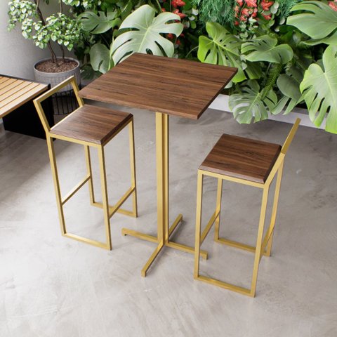 Jogo Mesa Alta Bistrô Quadrada 2 Banquetas Imbuia Confort Industrial Dourado Don Castro Decor Indust
