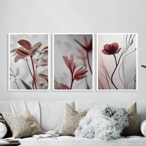 Kit 3 Quadros Modernas Flores Nuances Cinza 24x18cm - com Vidro:moldura Branca