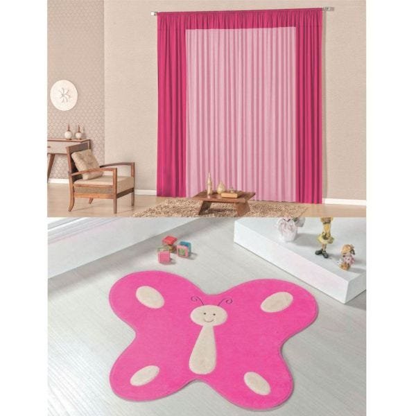 Kit Decoração Luna para Quarto Menina = Cortina Malha 2 Metros + Tapete Pelúcia Borboleta- Pink - 1