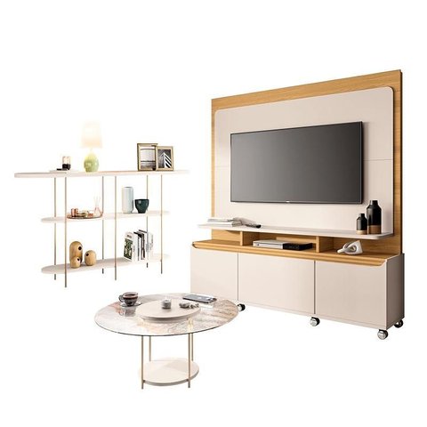 Estante Home Theater Quantum Off White Cinamomo e Aparador Infinity e Mesa de Centro Sky com Tampo D