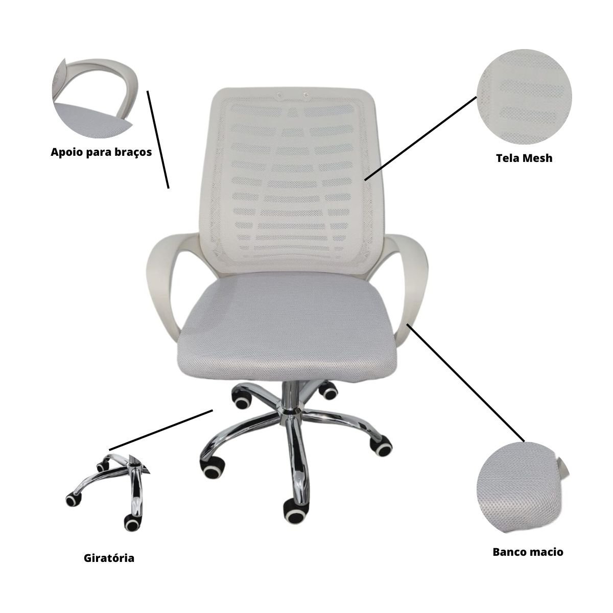 Kit 5 Cadeiras de Escritório Esteirinha Tela Mesh Branco - 4