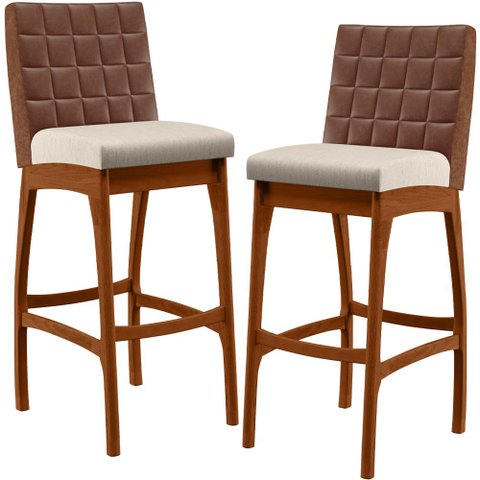 Kit 02 Banquetas Altas Cozinha Sala De Jantar Fixa Mila B04 Couríssimo Marrom Linho Cru - Lyam