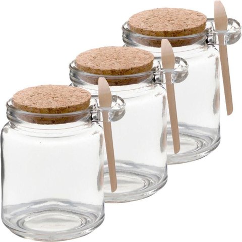 Kit 3 Pote Vidro Borossilicato 240ml Colher de Madeira Rolha