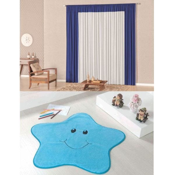 Kit Decoração Lutty para Quarto Menino = Cortina Malha 2 Metros + Tapete Pelúcia Estrelinha - Azul - 1