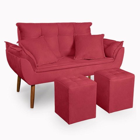 Kit Poltrona Decorativa Namoradeira 2 Puffs Quadrado e 2 Almofadas Suede Vermelho - Lm Decor