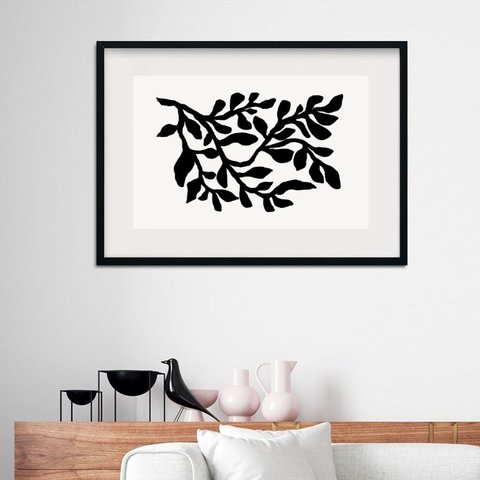 Quadro Horizontal Minimalista Ramo Preto - 60x48cm:madeira Preta
