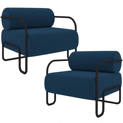 Kit 02 Poltronas Decorativa Pés Industrial Moscou K01 Veludo Azul Marinho - Lyam Decor
