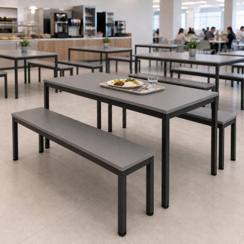 Mesa Cozinha e Refeitório 180cm x 90cm Pés Metal com 2 Bancos F5 Office Cor:Cinza Sagrado com