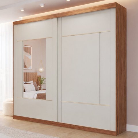 Guarda-Roupa Casal 229cm 2 Portas de Correr com 2 Espelhos MDF Talin Bege/Cinamomo/Off White