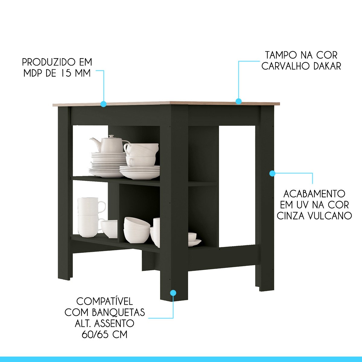 Bancada para Ilha de Cozinha Americana 103x92 Cm Carvalho Cinza MDP 0746 MENU - 3