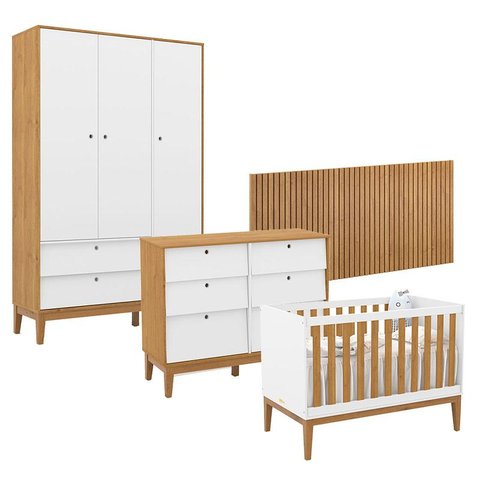 Quarto de Bebê Unique 3 Portas com Cômoda 6 Gavetas e Painel Ripado com Led Branco Soft Freijó Eco W