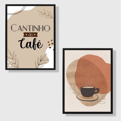 Kit 2 Quadros Cantinho Do Café Abstrato Marrom 45x34cm - com vidro:Madeira branca