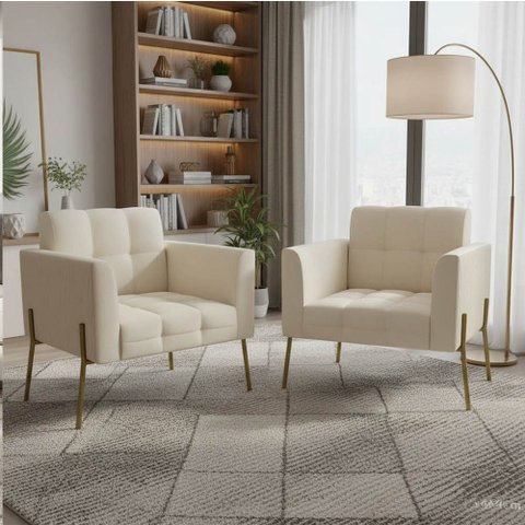 Poltrona Sala Decorativa Kit 2 Elisa Pé Aço Lateral Dourado Cotelê Ext/veludo Bege D03 - D’Rossi