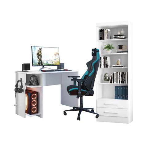 Escritório com Escrivaninha e Livreiro Multiuso 2 Gavetas Branco - Fdecor
