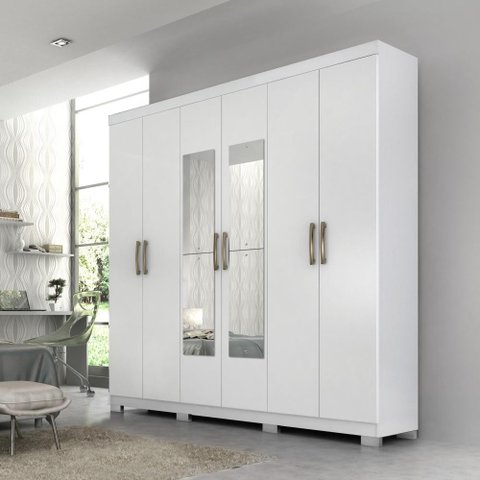 Guarda Roupa Armário Roupeiro Casal MDF 6 Portas 3 Gavetas 8 Prateleiras 4 Espelhos Quarto Branco