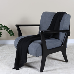 Poltrona Glamour em Madeira Maciça Ébano Preto com Assento e Encosto Estofado Tecido Grafite - 1