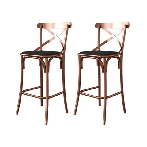 Conjunto 2 Banquetas Katrina com Encosto em Aço Cobre Assento Corano para Bancada de Cozinha - Preto