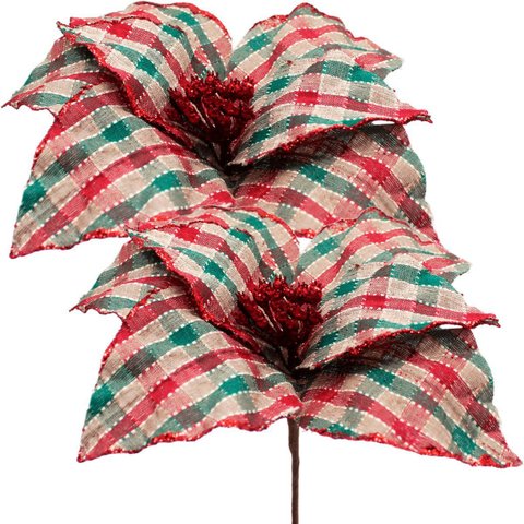Kit 10 Flores Artificiais Xadrez Gliter Artesanal Natal 30cm