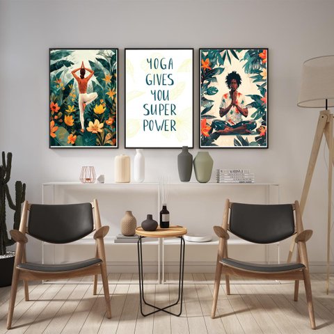 Kit 3 Quadros Yoga - Super Poderes 24x18cm:moldura Preta