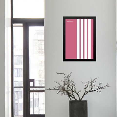 Quadro Minimalista Bauhaus Rosa Listras Brancas 33x24cm - com Vidro:moldura Branca