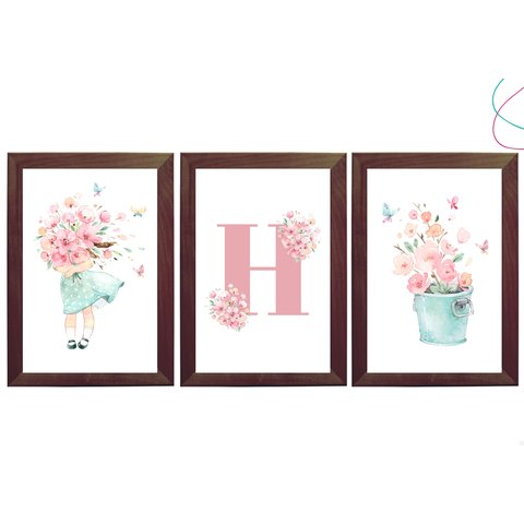 Kit com 3 Quadros Decorativos Menina em Aquarela Flores: Tabaco