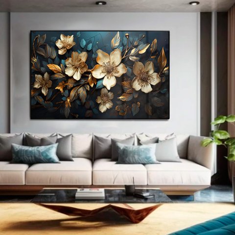Quadro Decorativo Floral Luxo Azaléias Douradas em Moldura Caixa Tacolado Moldura Trad 1cm Preta com