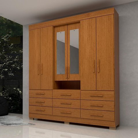 Guarda Roupa Casal Bolívia com Espelho 6 Portas 9 Gavetas 100% Mdf Linhamobília Cinamomo
