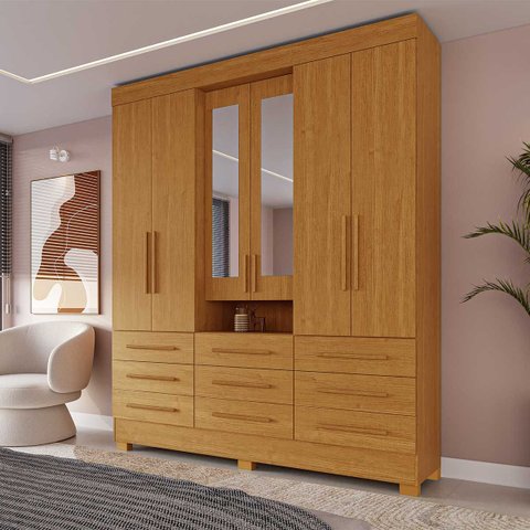 Guarda Roupa Casal Bolívia com Espelho 6 Portas 9 Gavetas 100% MDF Linhamobília Cinamomo