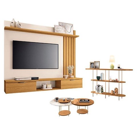 Painel Suspenso Lets Cinamomo Off White com Kit Mesa de Centro Sky e Aparador Infinity Cinamomo - Hb