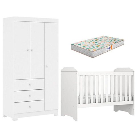 Berço Americano Mini Cama Mel e Guarda Roupa Duda 3 Portas Branco Brilho Colchão - Phoenix Baby