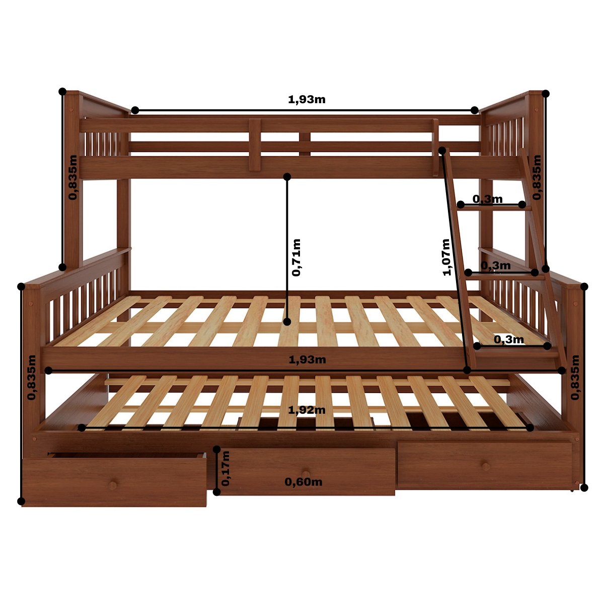 Cama Treliche Madeira com Gavetas Merk - 2 Solteiro + 1 Casal - 6