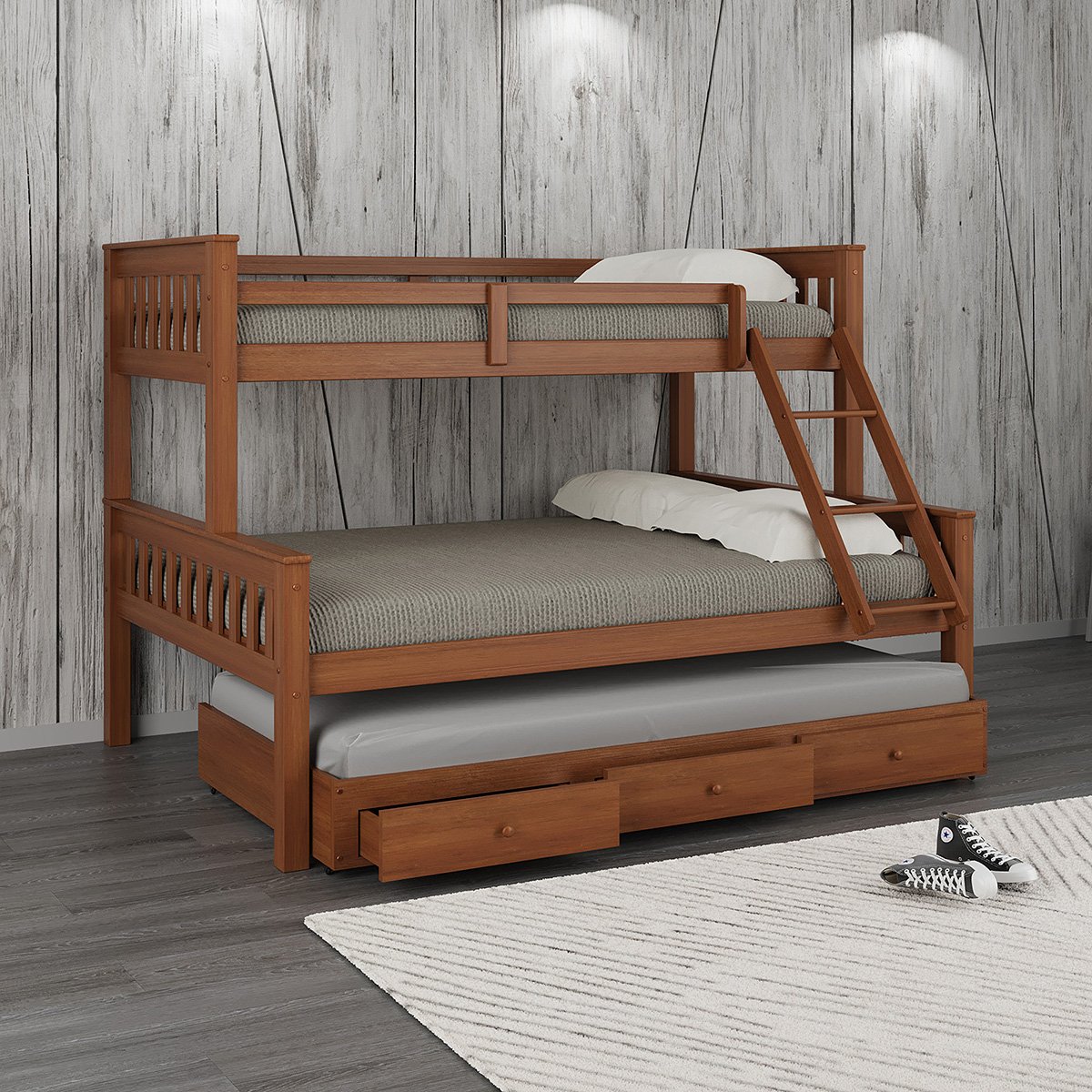 Cama Treliche Madeira com Gavetas Merk - 2 Solteiro + 1 Casal