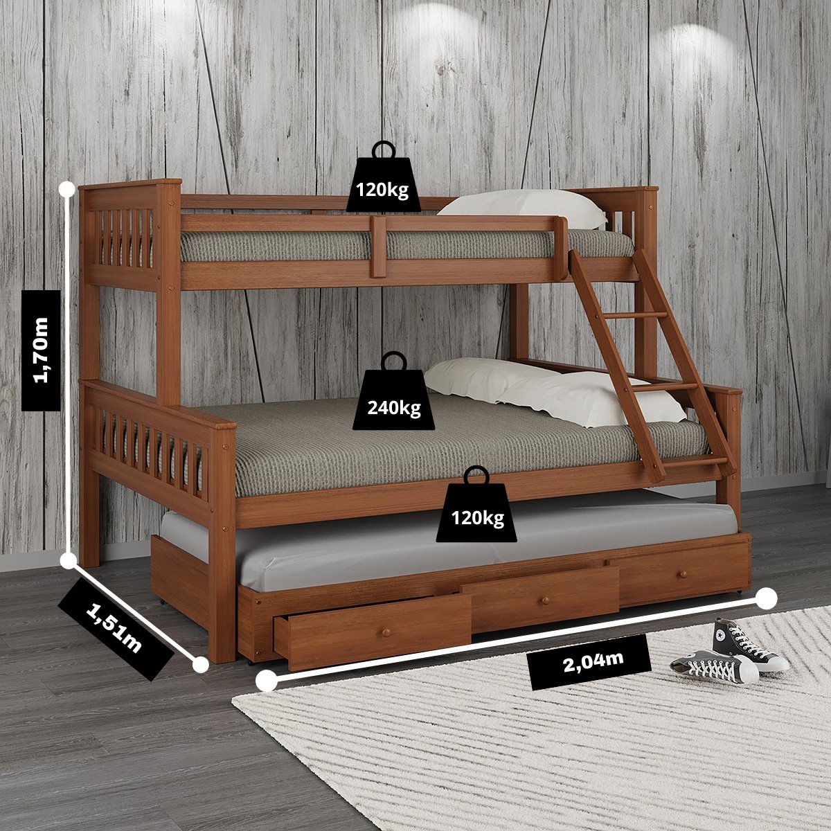 Cama Treliche Madeira com Gavetas Merk - 2 Solteiro + 1 Casal - 3