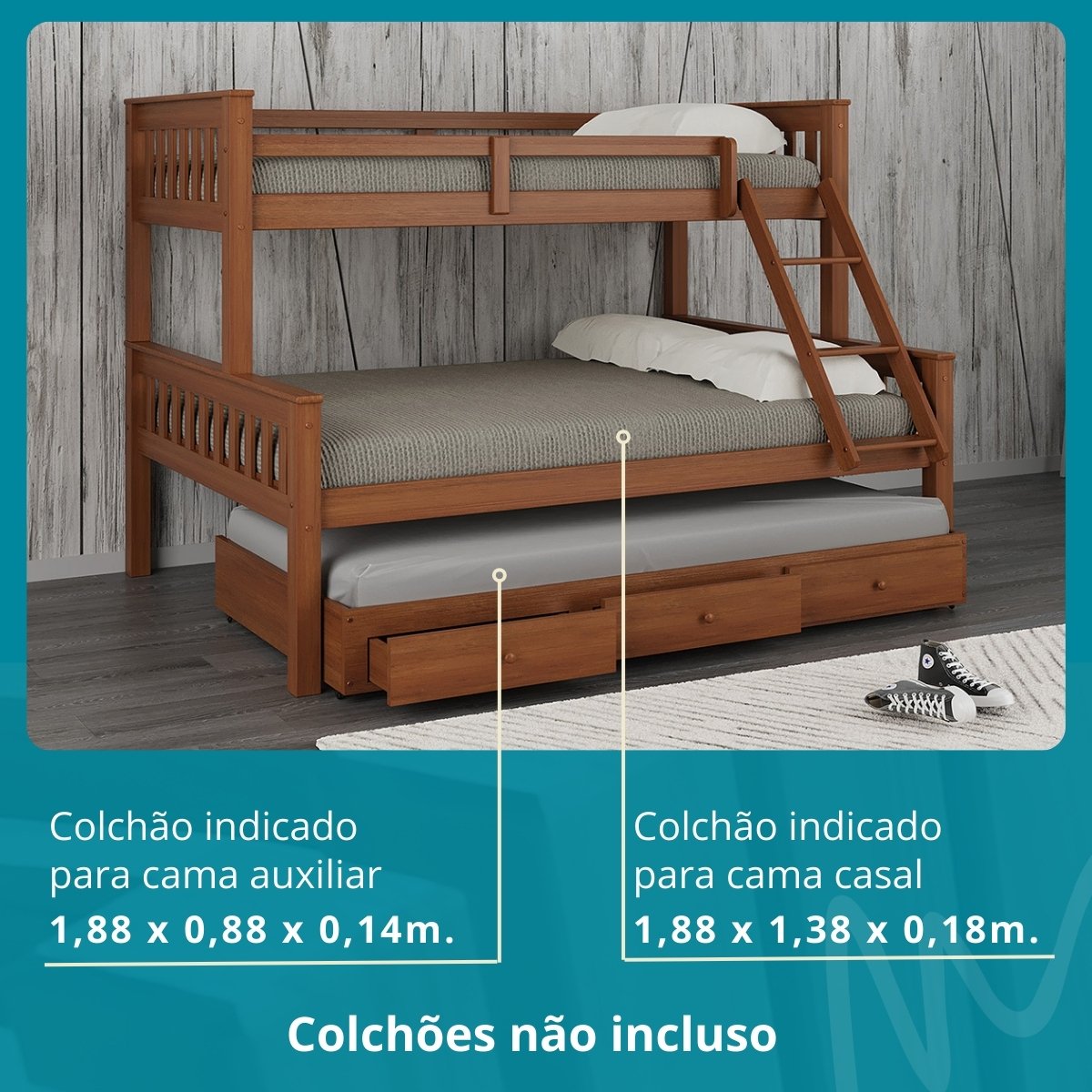 Cama Treliche Madeira com Gavetas Merk - 2 Solteiro + 1 Casal - 4