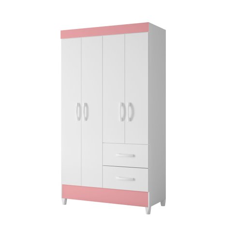 Roupeiro Mobi 4 Portas 2 Gavetas Premium Quarto da Criança Moderno Cor Branco/rosa