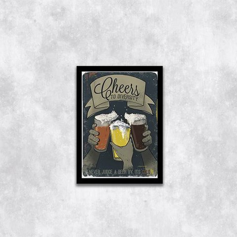 Quadro Beer Cheers - Um Brinde a Diversidade 33x24cm - com vidro:Madeira preta