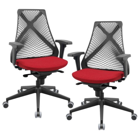 Kit 02 Cadeiras de Escritório Giratória Presidente Unix P03 Tela Cinza Crepe Vermelho - Lyam Decor