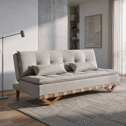 Sofá Cama Casal Lumi 3 Lugares 1,90m Linho com Pillow Top - Bege