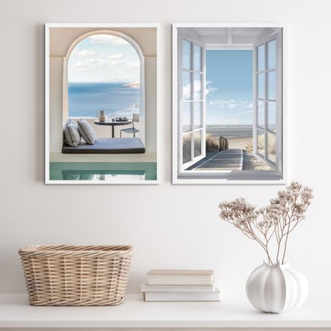 Kit 2 Quadros Decorativos Fotos Janelas praia 24x18cm - com Vidro:madeira Preta