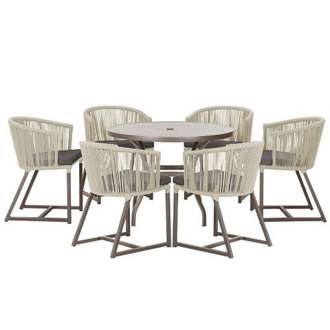 Mesa com 6 Cadeiras de Jantar Roma 120cm e Noronha em Alumínio Marrom Corda Náutica Estofado 11 Tram