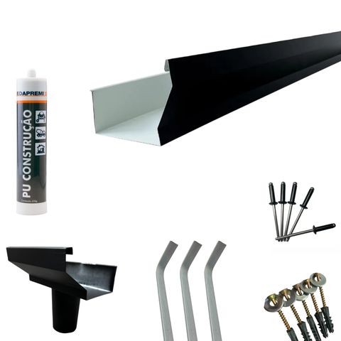 Kit 2,85 Metros Calha Beiral Galv. Preto com Bico 75mm e Acessórios para Instalação