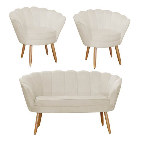 Jogo Pétala Namoradeira e 2 Poltronas Estofada Para Recepção Suede Bege - LM DECOR