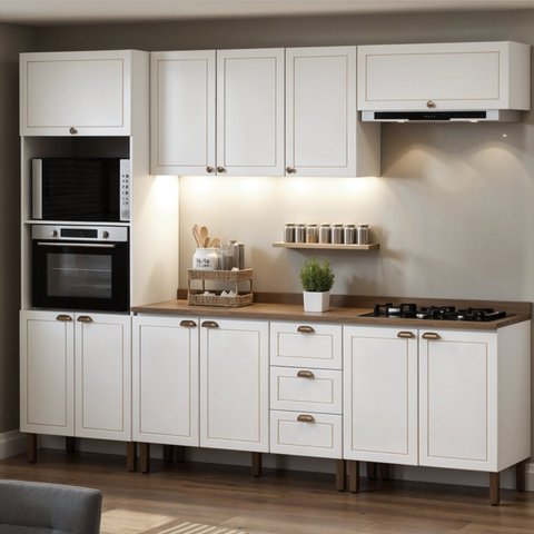 Cozinha Completa Modulada 5 Módulos Modelo Americano Provençal com Tampo Conecta Branco/Ébano