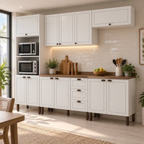 Cozinha Completa Modulada 5 Módulos Modelo Americano Provençal com Tampo Conecta Branco/Ébano