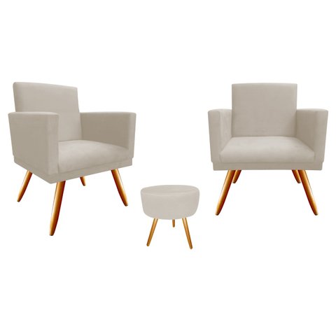 Kit 2 Poltronas Decorativa Nina + Puff Redondo Suede Bege Pés Madeira Ms Decor